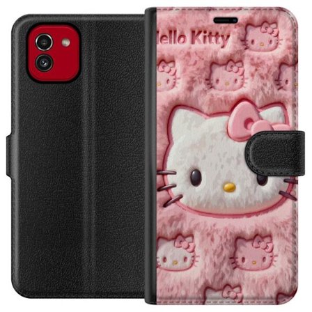 Kompatibelt Lommeboketui til Samsung Galaxy A03 Hello Kitty rosa fluffy bakgrunn med ikoniskt ansikt og kawaii-estetikk