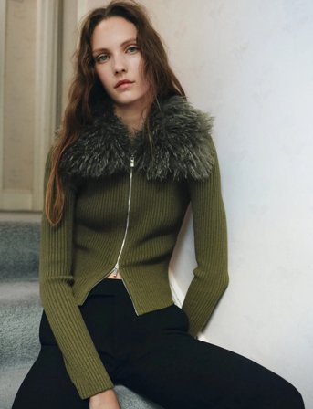 Mango Faux-Fur Combined Cardigan - Green - M