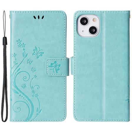 För Iphone 15 Imprinted Butterflies Mobiltelefon Stand Case Pu Läder Plånboksskal med rem Baby Blue