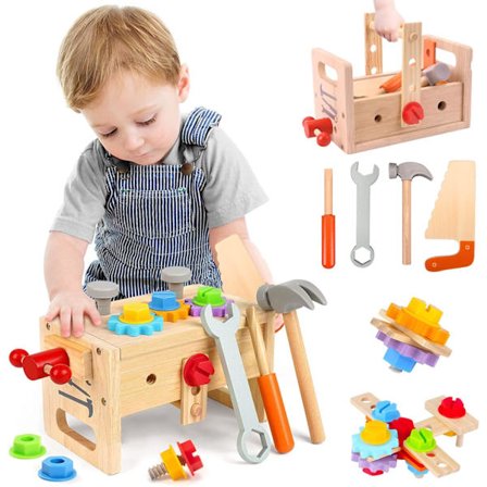 Verktøysett for barn, treleker, rolleleker, verktøykasse, pedagogiske konstruksjonsleker for barn, bursdagsgaver til småbarn