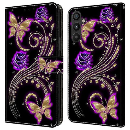 Galaxy A34 5G -puhelinkotelo (violetit kukat/perhonen)