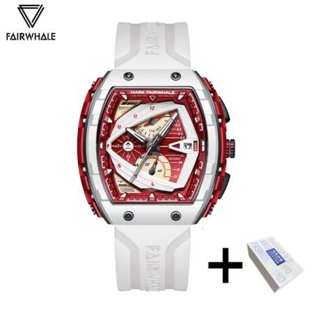 Watch för herrmodemärke Mark Fairwhale Sport Vattentät silikonrem Tonneau Mille Quartz Original Armbandsur Pojke FW-5690-Red