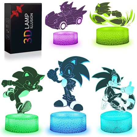 3D Sonic Legetøjsnatlampe til Børn 5 Mønstre 16 Farveskift Anime Legetøjslampe med Fjernbetjening og Berøringsfunktion Værelsesindretning, Kreativ 