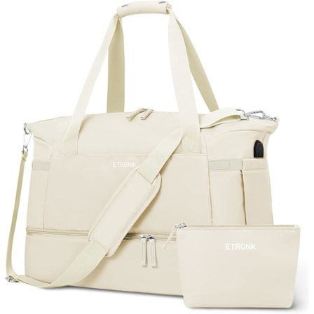 Treningsutstyrsvesker egnet for kvinner, USB-ladebokser, sportsvesker med våte vesker i helgene, reiser, treningssentre, yoga, beige,M