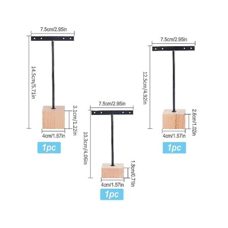 3 st Svarta Metall T Bar Örhänge Displayställ Med Trä Fyrkantig Bas 4 Hål Smyckeshållare Hängande