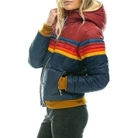 Regnbue Vinterjakke med Lynlås til Kvinder, Vatteret, Casual, Stribet, Med Hætte