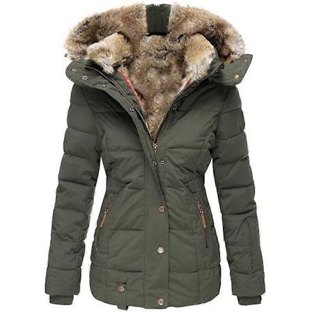 Vinter Dame Mote Hettejakke Fuskepels Varm Bomullsfrakk Casual Yttertøy Pelskrave Jakker militærgrønn