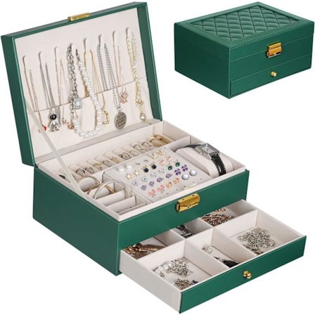 (Grøn) Smykkeæske til kvinder, 2-lags PU-læder rejse-smykkearrangør til piger, smykkearrangør og udstillingsæske til opbevaring af ringe, øreringe,