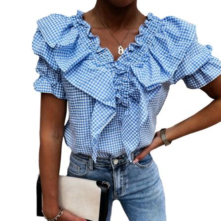 Dam T-shirt Rutig Rufsig Summer Puff Sleeve V-ringad Kort Topp