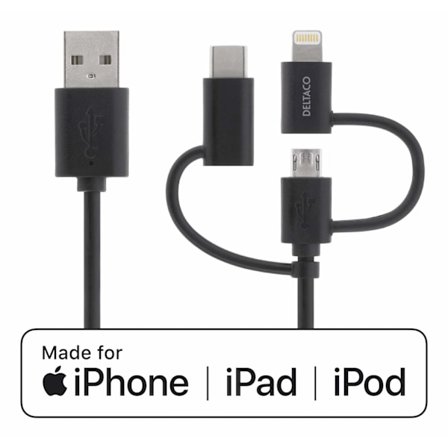 DELTACO Ström- och synkkabel, 0,5m, Micro USB, USB-C, Lightning