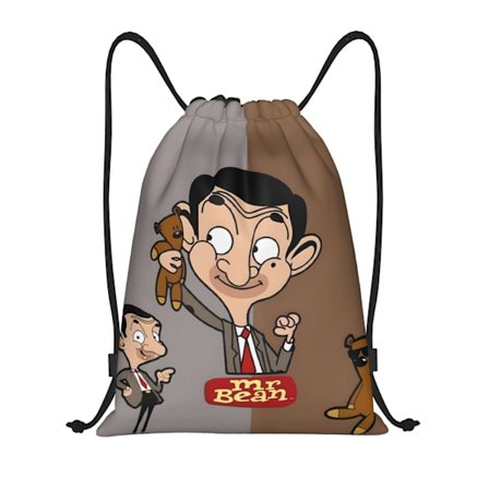 1 st Mr. Bean Tecknad Dragsko Ryggsäck med Ikoniskt Karaktärstryck (Mr. Bean & Teddybjörn) - Justerbar Rem, Beige/Brun Två-Ton, Hållb[D]