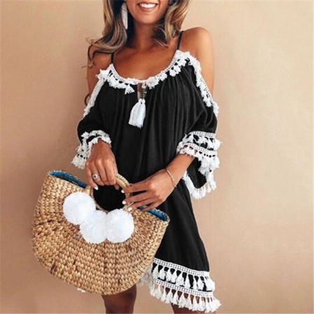 Sexig Dam Kall Off Shoulder Tofs Miniklänning Dam Lös Pa