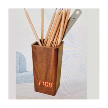 Digital pennhållare - Trä skrivbordsklocka pennhållare - Kontor digital klocka pennhållare - Multifunktionell skrivbord pennhållare med klocka - USB-