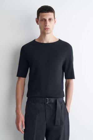 COS Men's Ribbed-Knit Boat-Neck T-Shirt in Blue
