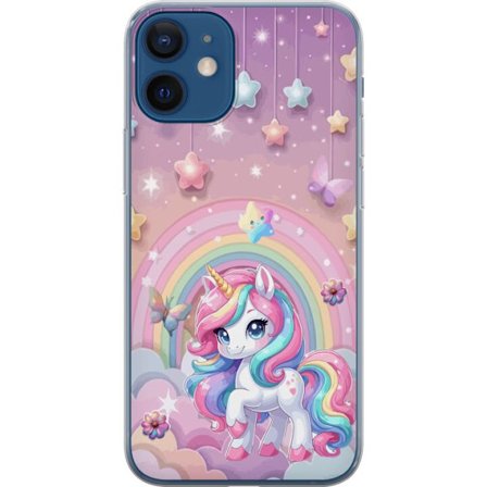 Kompatibelt Mobildeksel til Apple iPhone 12 Magisk enhjørning med regnbue manke, stjerner og sommerfugler mot en pastellhimmel med skyer