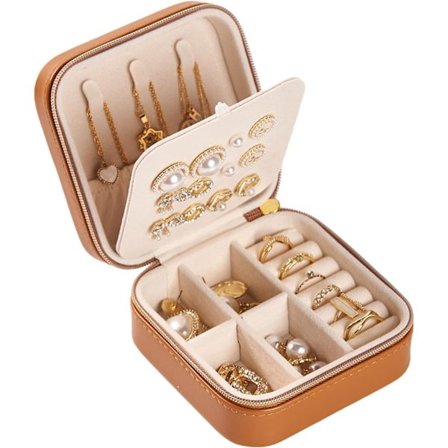Rejsesmykkeskrin, PU-læder Lille Smykkearrangør til Kvinder Piger til Ørestikker, Ringe, Halskæder (Brun)