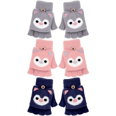 3 par fingerløse handsker til børn, konvertible strikkede handsker