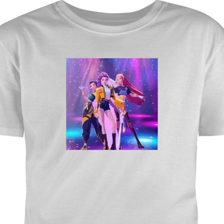T-Shirt Fargerik K-pop-inspirert jentegruppe på scenen med neonlys, discoestetikk, sterke farger og futuristisk popkultur følelse.