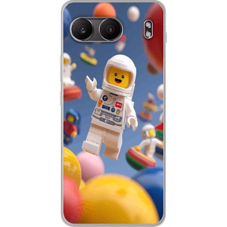 Kompatibelt Mobilskal till OnePlus Nord 4 LEGO-inspirerad astronautfigur i rymden bland färgglada planeter, lekfull 3D-illustration för barnrum, aff