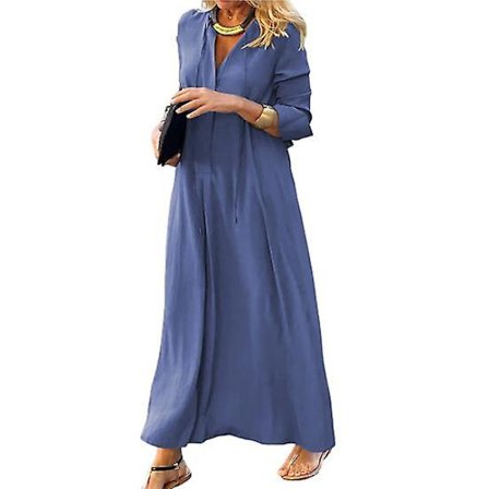 Skjortekjole Høj Talje Varm Hudvenlig Populær Dame Ensfarvet Pullover Efterår Lang Kjole til Ferie kongeblå royal blue_yux