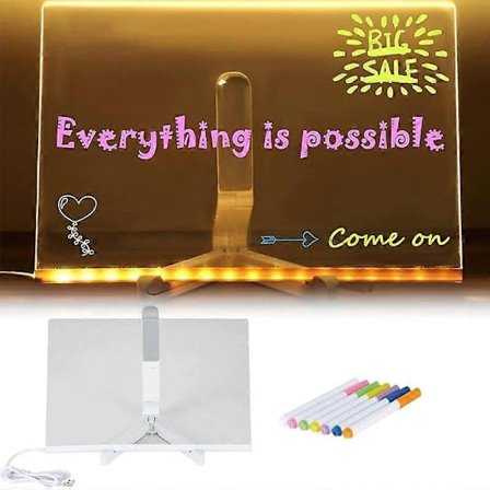 LED Akryl Notattavle med Farger, Skrivemeldinger, Akryl Markørtavle med Holder og 7 Fargerike Penner, Skrivebordsnotat Memo (300*200*3mm)