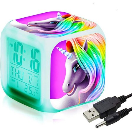 Enhörning flickor digital väckarklocka, ljus LCD LED-kub med ljus