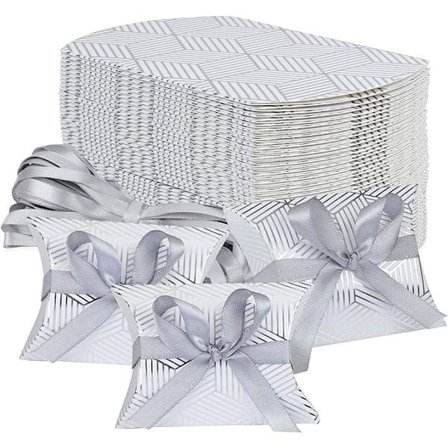 50 stk pude gaveæske til bryllup, fest, slik, sølv stribe c