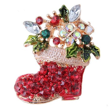 Brosch till Jul / Christmas i Guld Färg - Julstrumpa med Kristaller