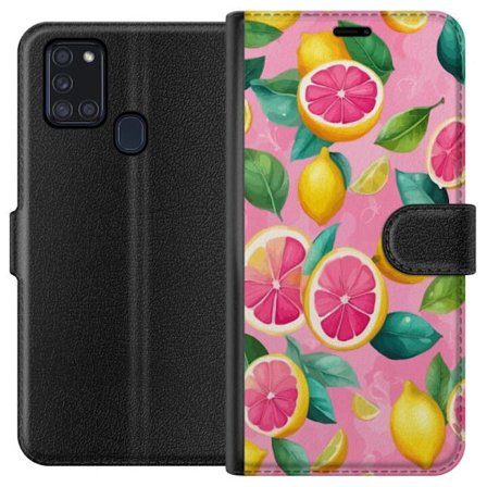 Kompatibelt Plånboksfodral till Samsung Samsung Galaxy A21s Fräscht rosa citrusmönster med citroner, grapefrukt och gröna blad på pastellbakgrund