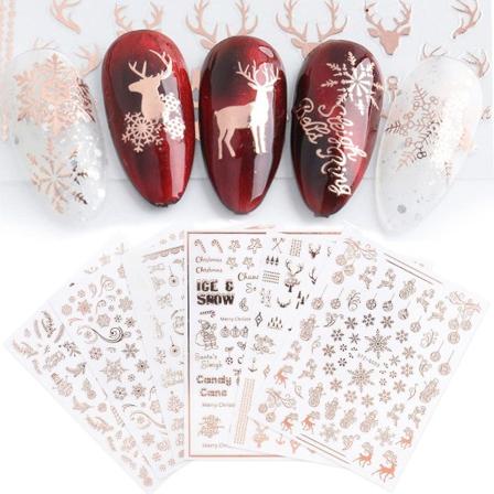 9 ark Jul Nail Art Stickers Dekaler Självhäftande Pegatinas Uñas Navidad Rose Gold Vinter Semester Xmas Snowflake Nail