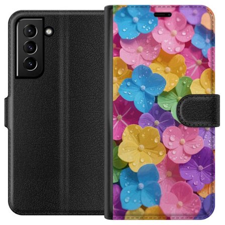 Kompatibelt Plånboksfodral till Samsung Galaxy S21+ 5G Färgglada blommor med daggdroppar i livfullt mönster