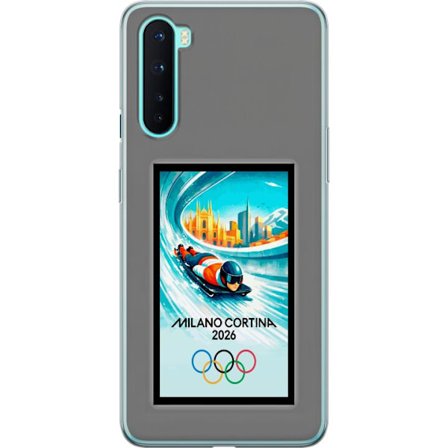 Yhteensopiva Puhelinkuori OnePlus Nord Dynaaminen kelkkailija tai skeleton-ajaja jääkanavalla Milanon Cortina 2026 kanssa, kaupunkinäkymä ja olympiala