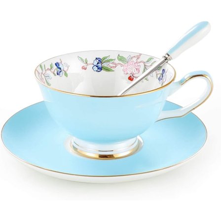 3-delt benporselen kopp og skålsett med skje Vintage porselen kaffekoppsett, Blomster tekoppsett med gullkant og gaveeske, 7,1oz. Himmelblå