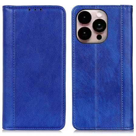 iPhone 14 Pro Max ægte læderetui med magnetisk lukning - Blå