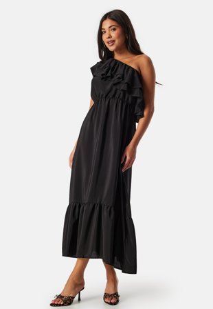 John Zack One Shoulder Ruffle Maxi Dress Black Klær