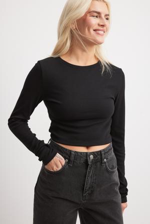NA-KD Basic Haut court côtelé à manches longues - Tops - Noir - Medium