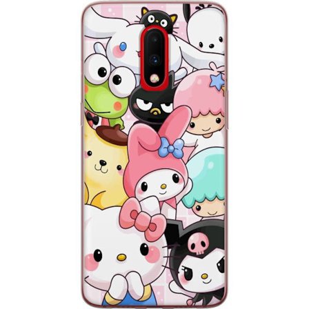 Kompatibelt Mobildeksel til OnePlus 7 Tett mønster av søte figurer med store øyne i ulike farger og uttrykk med LABUBU-tekst