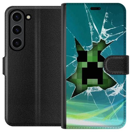Kompatibelt Plånboksfodral till Samsung Samsung Galaxy S24 Minecraft Creeper genom krossat glas med dramatisk explosionseffekt där ikoniska Creeper