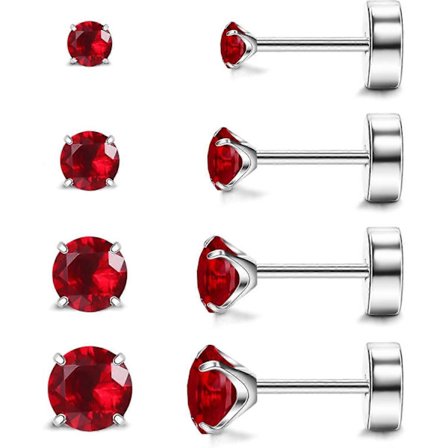 Hypoallergeniske flade øreringe til kvinder og mænd, 4 par implantat-titanium ørestikker med flad bagside til brusk, skrue bagpå ren titanium