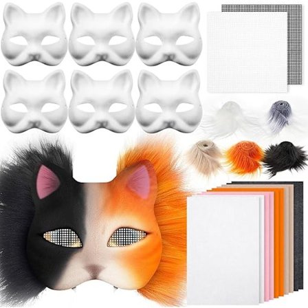 DIY Therian Maske Kit Blank Katte Maske med Filt Stoffark Plysj Faux Pels Øyenett for Therian Utstyr