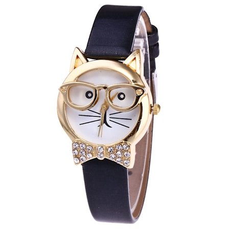 Søt Kattefjes Rund Skive Rhinestone Imitert Skinn Analog Quartz Armbåndsur[HK]