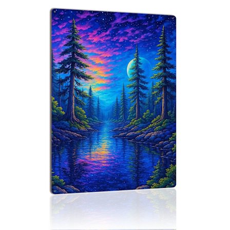 Yömetsä metallikyltti taivaallinen kuunvaloinen joki mäntypuu taide vintage peltikyltti laatta luonto seinäkoristeeksi