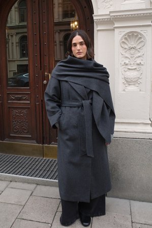 NA-KD Wool Blend Scarf Detail Coat - Vinterjakker - Grå - EU 40
