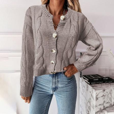 Damer Enfärgad Chunky Knit V-hals Ytterkläder Varma Cardigans