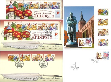 H.C. Andersen - 3 FDC'er, 4 frimærker, 1 miniark og Maxikort
