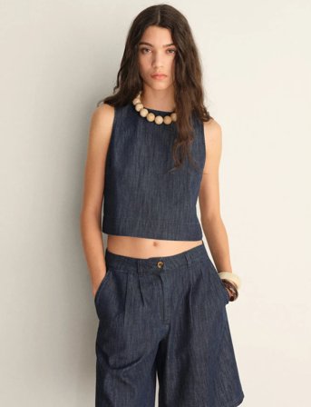 Mango Rinse-Wash Denim Crop Top - Navy - XS