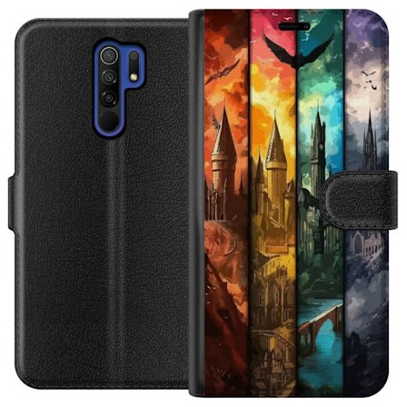 Kompatibel Tegnebogsetui til Xiaomi Xiaomi Redmi 9 Fire magiske slotte i forskellige elementfarver, episk fantasykunst med ild vand luft og mørke i d