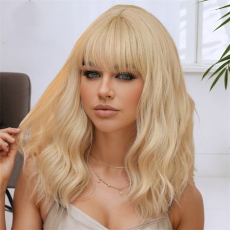 Lyhyt vaalea peruukki 35cm, jossa on laskeutuvat otsatukka, lämmönkestävä synteettinen hius peruukki pukuihin