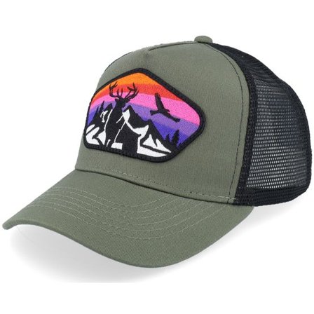 Kiddo Cap - Grön trucker Keps - Kids Colorful Deer Big Patch Olive Green/Black @ Hatstore