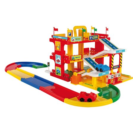 Parkeringshuslegesæt med elevator, tankstation, 2 biler